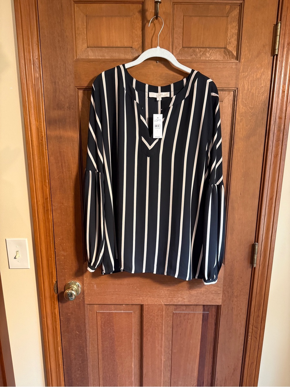 LOFT Navy and White Vertical Stripe V-Neck Blouse